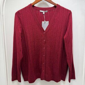 Daniel Rainn Womens Burgundy V-Neck Cardigan, 7 buttons, mid-length, has stretch